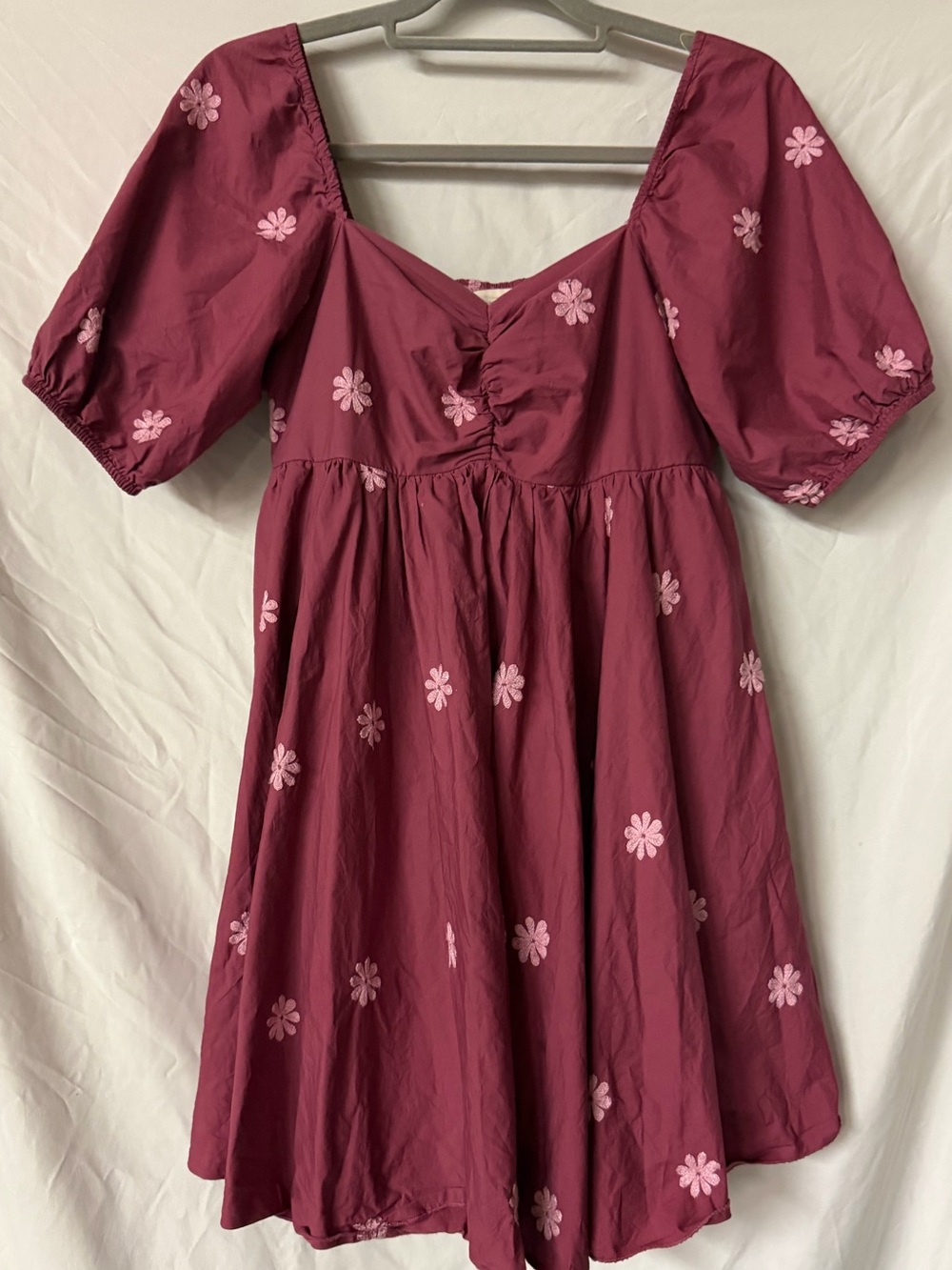 Altar'd State Berry Dress with Light Pink Daisy Embroidery
